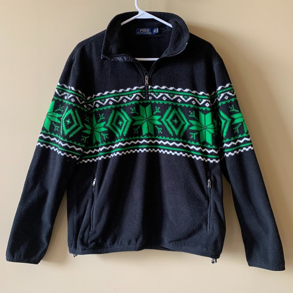 Polo Ralph Lauren Mens 1/4-Zip Nordic Snow Pattern Fleece Sweater Black Green M